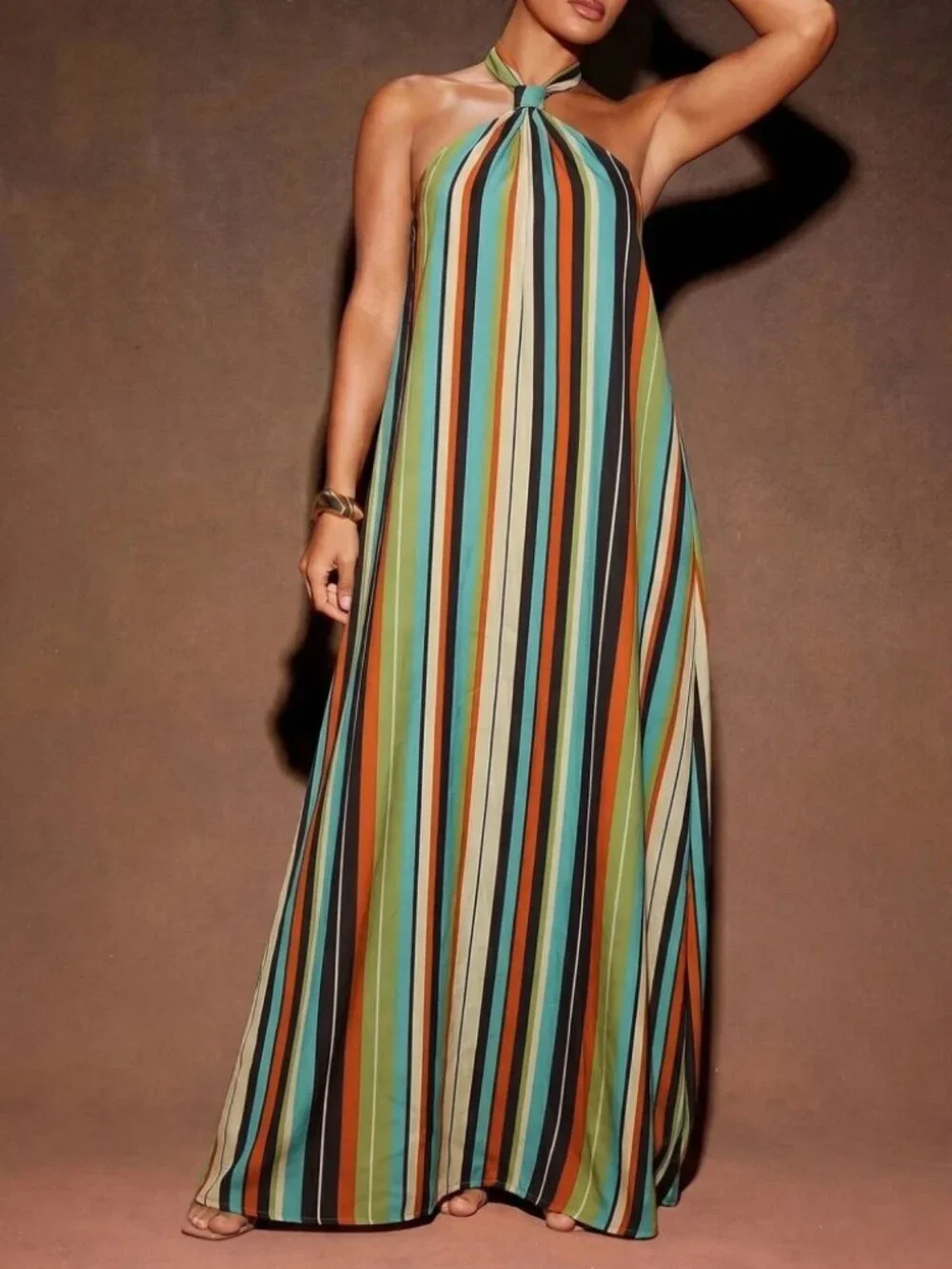 Multicolor Striped Halter Maxi Dress with Twisted Neck Detail